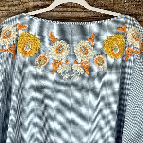 Zara Woman White Blue Gingham Check Print Floral Embroidered Tunic Top SZ Medium - Picture 8 of 11